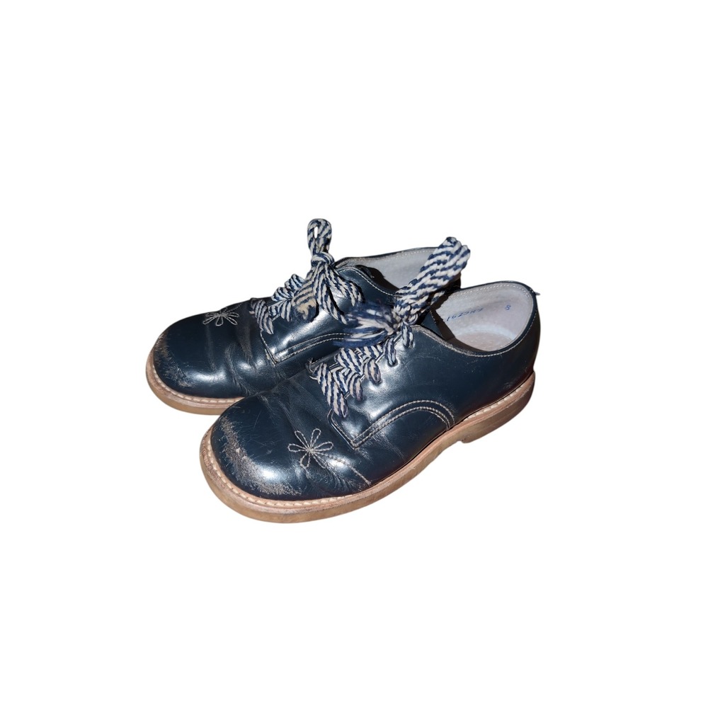 Vintage Navy Blue Leather Floral Embroidered Oxford Shoes Kids Size 8 D 142089